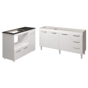 Balcão Armário Gabinete De Pia 150 Cm Deise E Balcão Alana Para Fogão Cooktop 4 Bocas E Forno Elétrico Branco