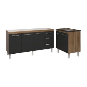 Cozinha Balcão Armário Gabinete De Pia 150 Cm Deise E Balcão Fran Para Fogão Cooktop 4 Bocas Savana Preto