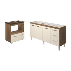 Balcão Cozinha Armário Gabinete De Pia 160 Cm Estela E Balcão Para Fogão Cooktop 5 Bocas Evelyn Savana Off White
