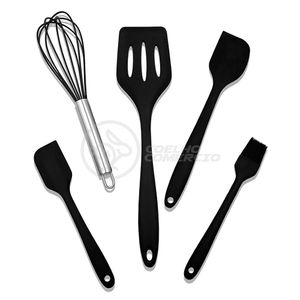 Kit 5 Utensílios Jogo De Cozinha Peças De Silicone Espátulas Batedor Manual E Pincel - Preto