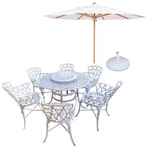 Conjunto De Jardim Viena Mesa 1,25m Giratória 6 Cadeiras E Guarda Sol Branco