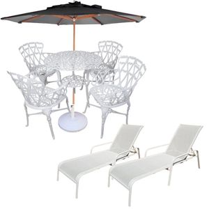 Conjunto Com Mesa Ripada + 4 Cadeiras De Jardim E Piscina + Ombrelone Com Base Preto
