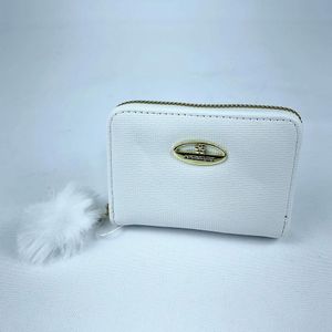 Carteira Feminina Porta Cartão De Crédito Com Chaveiro Pompom Em Pelúcia Com Zíper branco