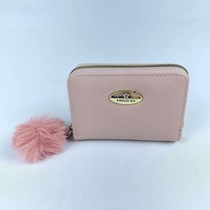 Carteira Feminina Porta Cartão De Crédito Com Chaveiro Pompom Em Pelúcia Com Zíper rosa