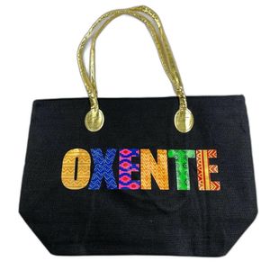 Bolsa De Praia Palha Feminina Com Zíper De Ombro Oxente Sacola Ecobag Tote Juta Com Alça Dourada preto