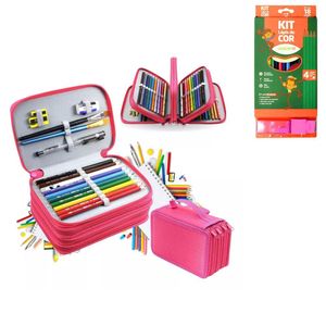 Kit Estojo Escolar Com 4 Compartimentos Mais Kit Lápis De Cor Estojo Com 18 Peças Pink