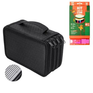 Kit Estojo Escolar Com 4 Compartimentos Mais Kit Lápis De Cor Estojo Com 18 Peças Preto