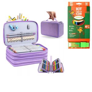 Kit Estojo Escolar Com 4 Compartimentos Mais Kit Lápis De Cor Estojo Com 18 Peças Lilás