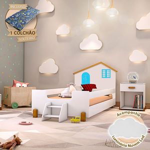 Cama Infantil Solteiro Belissima Azul - Branco E Amêndoa + Luminária Led + Colchão - Branco
