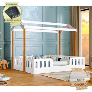 Cama Casal Com Colchão Casinha Montessoriana ágatha Branco-amêndoa Incluso Lousa Mágica - Branco
