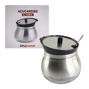 Açucareiro De Inox Com Colher Pote De Açucar E Fundo De Vidro