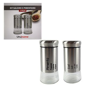 Saleiro E Pimenteiro De Inox Com Fundo De Vidro Kit 2 Em 1 Luxo Pote De Condimentos