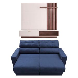 Sofá 3 Lugares Cama Inbox Clean Reclinável + Painel Home Azul