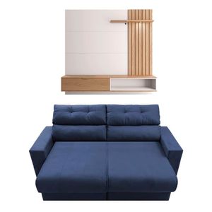 Sofá 3 Lugares Cama Inbox Clean Assento Retrátil + Painel Azul