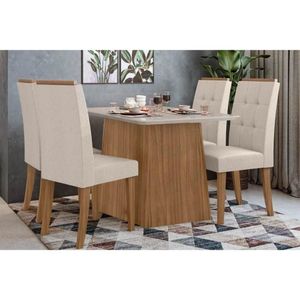 Sala De Jantar Completa Nevada Tampo Madeirado 130cm E 4 Cadeiras Celebrare Amendoa-off White - Suede Creme - Lopas