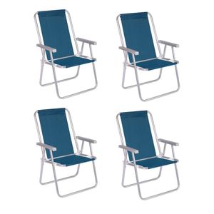Kit 4 Cadeira Praia Alta Alumínio Conforto 120 Kg Azul Mor
