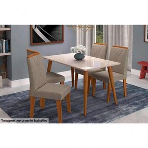 Conjunto: Mesa Sala Jantar Adele Tampo Madeirado C-vidro 130cm Canto Reto + 4 Cadeiras Nicole Madeira-ow-pluma - Cimol