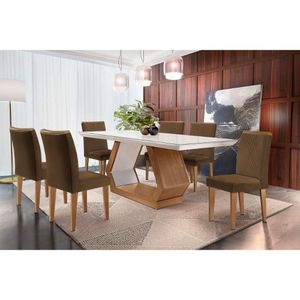 Sala De Jantar Completa Alvorada Tampo Madeirado C- Vidro Canto Reto 180x90cm E 6 Cadeiras Amsterdã Imbuia-off White - Suede Marrom - Rufato