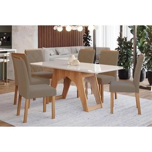 Sala De Jantar Completa Carol Tampo Madeirado C- Vidro 180x90cm E 6 Cadeiras Fernanda Madeirado-suede Joli Capuccino - Cimol