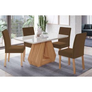 Sala De Jantar Completa ágata C- Tampo Madeirado C- Vidro 130x80cm E 4 Cadeiras Maia Nature-suede Mascavo Chocolate - Cimol