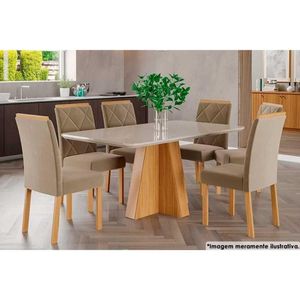 Sala De Jantar Completa Maite C- Tampo Madeirado C- Vidro Canto Curvo 130x80cm E 6 Cadeiras Maia Nature-suede Gengibre Bege - Cimol