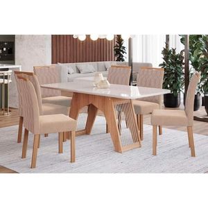 Sala De Jantar Completa Carol Tampo Madeirado C- Vidro 180x90cm E 6 Cadeiras Paola Savana-nature-suede Nude Bege - Cimol