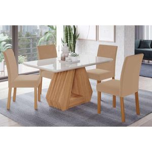 Sala De Jantar Completa ágata C- Tampo Madeirado C- Vidro 130x80cm E 4 Cadeiras Maia Nature-suede Gengibre Bege - Cimol