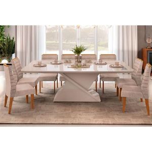 Sala De Jantar Completa Zafira Tampo Madeirado C- Vidro Curvo 200x100cm E 8 Cadeiras Ondina Off White - Freijo-suede Kraft - Dj Móveis