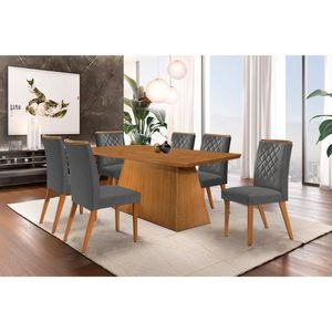 Sala De Jantar Completa Luna C- Tampo Madeirado Canto Curvo 180x90cm E 6 Cadeiras Jade Imbuia-capuccino-suede Grafite - Rufato