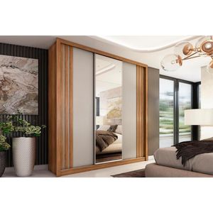 Guarda Roupa Casal 3 Portas De Correr (1 C- Espelho) E 2 Gavetas Moema Flex Amêndola-nude Ou Preto