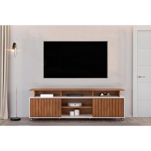 Rack Bancada Para Tv Até 70 Polegadas Olimpic Ripado Com Nichos E Rodizios 180x60cm Freijó-off White - Dj Móveis