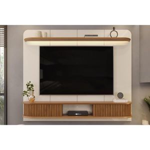 Rack Bancada Com Painel Para Tv Até 75 Pol Capri Led E 2 Portas 215x170cm Off White-freijó - Dj Móveis