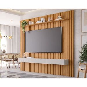 Rack Bancada Com Painel Para Tv Até 75 Pol Maragogi Ripado 1 Porta E 2 Gavetas 230x220cm Nature-off White - Permóbili