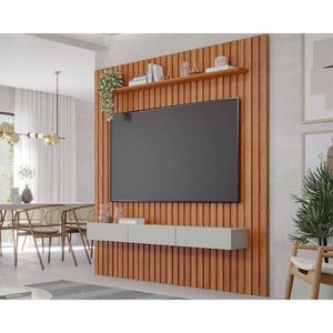 Rack Bancada Com Painel Para Tv Até 65 Pol Maragogi Ripado 1 Porta E 2 Gavetas 185x220cm Cinamomo-off White - Permóbili