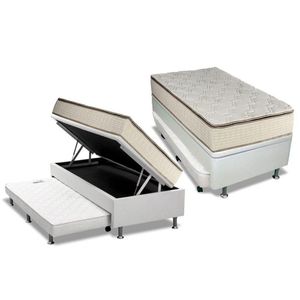 Cama Box Baú C/auxiliar Solteiro: Colchão Molas Luckspuma Bonnel Montreal Spring + Base Courano Branco(88x188)