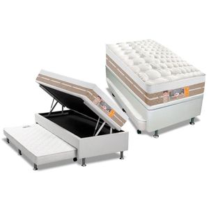 Cama Box Baú C-auxiliar Solteiro: Colchão Molas Castor Pocket Silver Star Air + Base Crc Courano Branco(88x188)