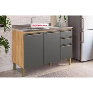 Gabinete De Cozinha Modulado Balcão Para Pia Nápoli Prime 3 Portas E 2 Gavetas Sem tampo 120cm Amendoa-grafite - Ronipa