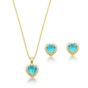 Conjunto Colar E Brincos Coração Zirconia Azul Banhado A Ouro 18k