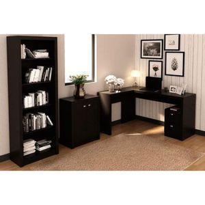 Escritório Completo 1 Mesa De Canto Para Escritório Me4129 + 1 Balcão Me4103 + 1 Estante Me4104 3 Peças Preto