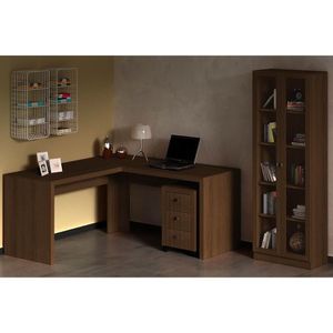 Escritório Completo 1 Mesa De Canto Para Escritório Me4116 + 1 Gaveteiro Me4108 + 1 Armário Me4115 3 Peças Nogal