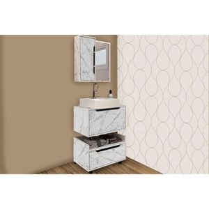 Conjunto De Banheiro Balcão Suspenso Bn3646 E Balcão Com Rodízios Bn3647 60cm E Armário Com Espelho Bn3648 60cm Mármore Branco - Tecno Mobili