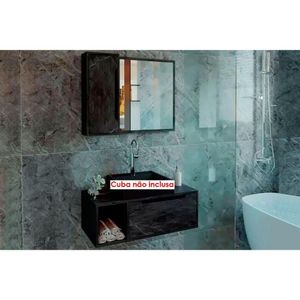 Conjunto De Banheiro Balcão Suspenso Bn3644 E Balcão Com Rodízios Bn3643 80cm E Armário Com Espelho Bn3645 80cm Mármore Lunar - Tecno Mobili
