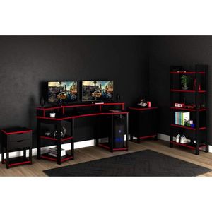 Quarto Completo Solteiro Gamer 4 Peças (mesa Cabeceira + Mesa De Computador + Balcão + Estante) Preto/vermelho - Tecno Mobili