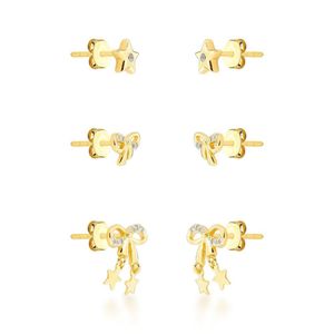 Trio De Brincos Laços Delicados Banhado A Ouro 18k
