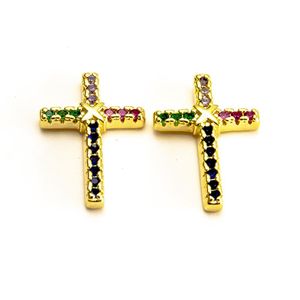 Brinco Cruz Colorida Banhada A Ouro 18k