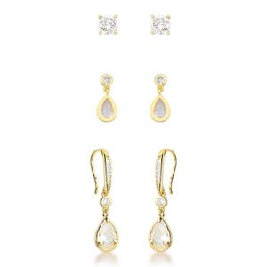 Kit De Brincos De Ouro Banhado 18k – Solitário E Pingente Em Gota Com Cristais