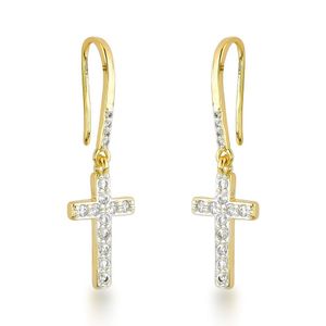 Brincos Com Gancho E Cruz De Zircônias Cristais Banhados A Ouro 18k