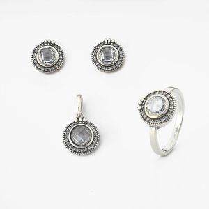 Conjunto Brinco Pingente E Anel Com Cristal E Zircônias Prata 925