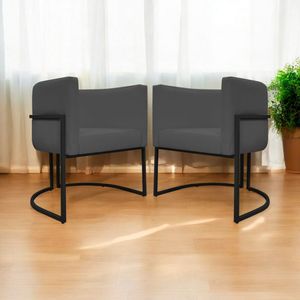 Kit 2 Poltronas Recepção Luna Base De Ferro Preta - Cinza Corino