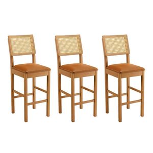 Conjunto 3 Banquetas Jade 03 Madeira Maciça Jcm Encosto Rattan E Couro Caramelo